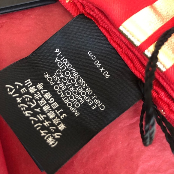 Gucci Red Silk Scarf with Gold Star Print and “GUCCY” Logo - Picture 6 of 10